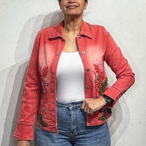 Luxe Moda Pink Denim Floral Embroidered Jean Jacket Sz NWT - Picture 1 of 13